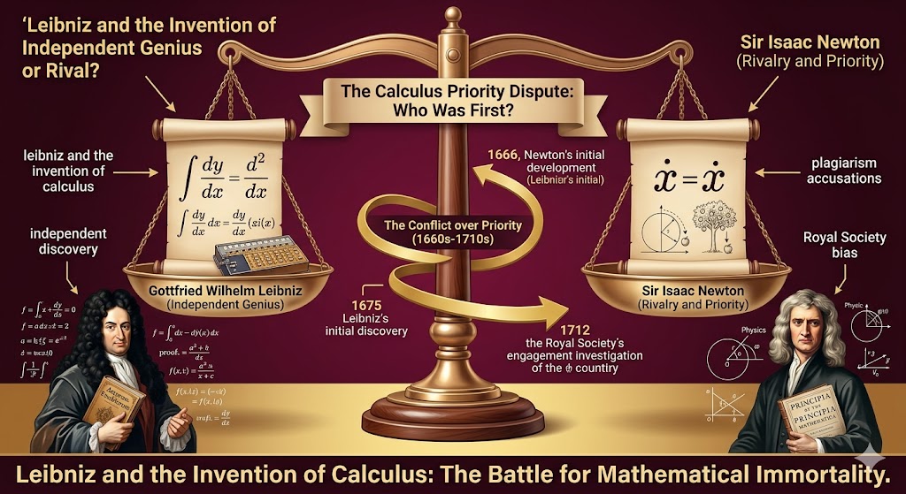 An educational infographic detailing the historical dispute over the leibniz calculus and its independent discovery alongside Isaac Newton. The visual features a symbolic balance scale comparing Leibniz’s elegant "$\int$" and "$dx$" notation against Newton’s physics-based fluxions. A central timeline highlights key milestones from the 1670s to the 1712 Royal Society investigation, illustrating the tension between independent genius and plagiarism accusations. This technical layout clarifies the origins of modern mathematical analysis and the enduring legacy of the leibniz calculus in the scientific world.