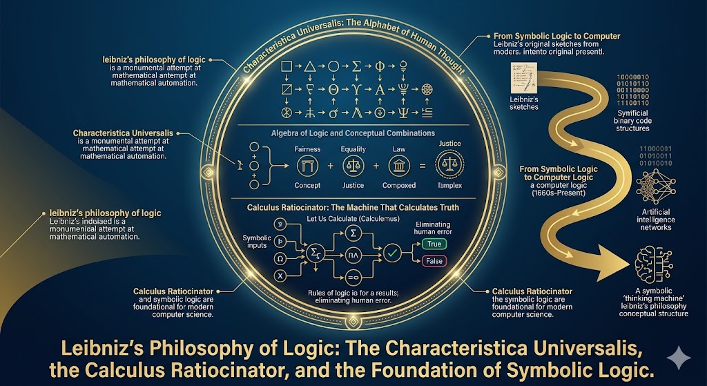 An educational infographic detailing the core components of leibniz universal logic, illustrating his vision for a mathematically automated reasoning system. The visual breaks down the "Characteristica Universalis" as a conceptual alphabet of symbols and the "Calculus Ratiocinator" as a formal logical flowchart for error-free calculation. Annotated diagrams show how simple concepts combine into complex ideas, mirroring the structure of modern symbolic logic and computer code. This technical layout highlights the 17th-century roots of artificial intelligence, demonstrating how leibniz universal logic sought to transform philosophical arguments into precise, verifiable equations.