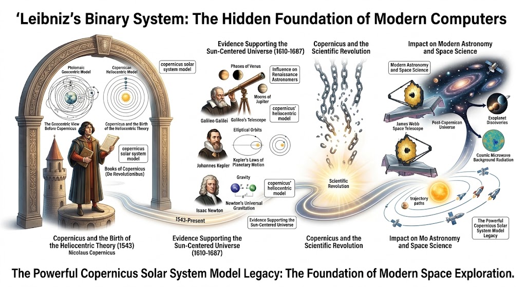 Leibniz’s Binary System: The Hidden Foundation of Modern Computers An educational infographic illustrating the historical evolution of logic and mathematics, highlighting leibniz binary system as a foundational precursor to modern computing. The visual features Gottfried Wilhelm Leibniz alongside his early binary calculations of 0s and 1s, connecting them to the development of the copernicus solar system model and the broader Scientific Revolution. It traces a direct line from 17th-century mathematical theories to modern space science, including advancements like the James Webb Space Telescope and current planetary trajectory paths.