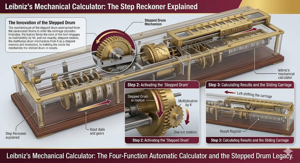 An educational infographic providing a detailed overview of leibniz step reckoner, the world’s first four-function automatic calculator. The visual highlights the machine's internal gear system, including the innovative "stepped drum" mechanism and the sliding carriage used for multi-digit multiplication. Annotated sections explain the three-step process of inputting numbers, activating the drum for calculation, and shifting the result register. This technical breakdown showcases the 17th-century engineering that formed the foundation for mechanical math, emphasizing how leibniz step reckoner revolutionized early computing history.