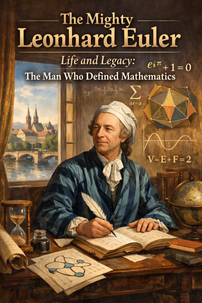 A detailed illustration portraying leonhard euler life and legacy, featuring the renowned mathematician seated at a wooden desk writing in a journal. He is dressed in 18th-century attire, surrounded by books, an ink pot, and mathematical sketches. Symbols and formulas, including Euler’s identity, appear subtly around him, reflecting his groundbreaking work. A window beside him reveals a scenic European town, adding historical depth to the scene. The warm lighting and classic study setting emphasize his intellectual focus and enduring influence. This artwork beautifully captures leonhard euler life and legacy as a tribute to his contributions to mathematics.