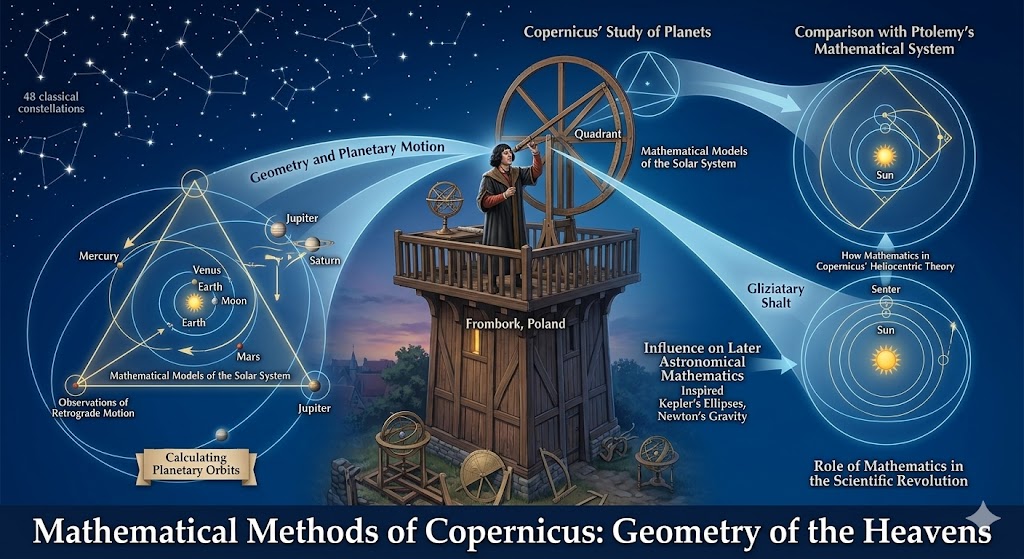 An educational infographic exploring the mathematical methods of copernicus, set against a deep blue night sky. The visual integrates geometric diagrams and orbital calculations with a central illustration of Copernicus in his Frombork tower, demonstrating how his rigorous use of trigonometry and mathematical models of the solar system paved the way for the Scientific Revolution.