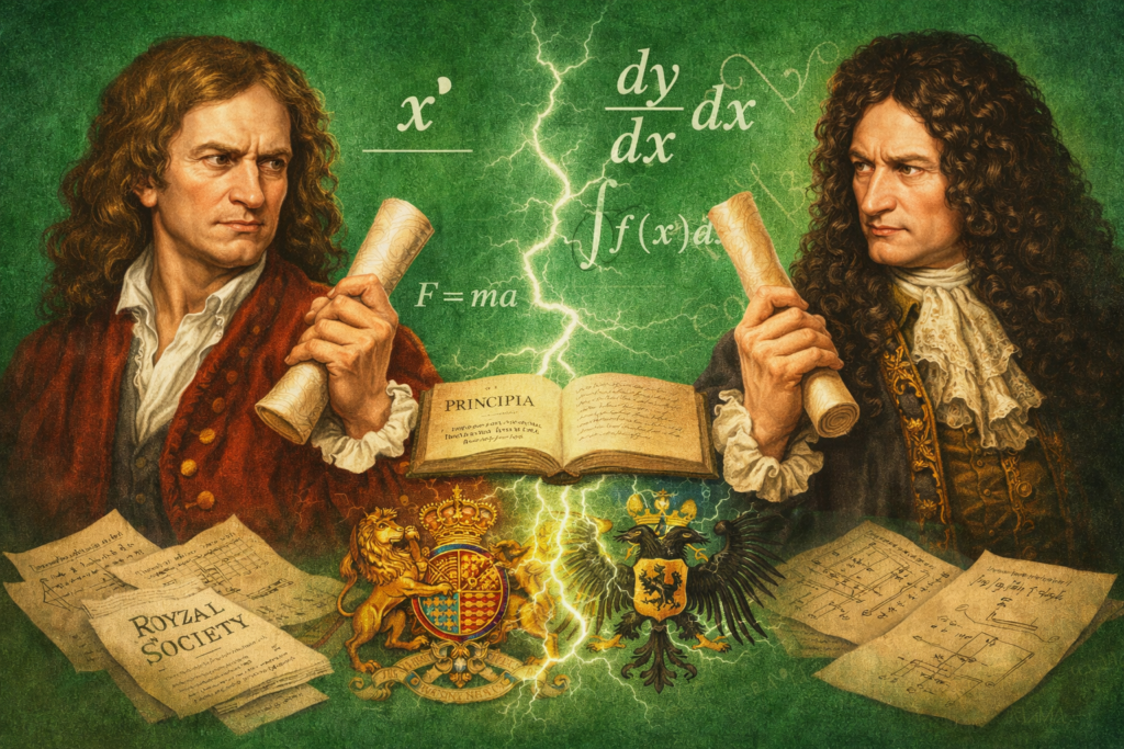 The Shocking Mathematical Rivalry Newton Leibniz Calculus War That Changed Science Illustration of Isaac Newton and Gottfried Wilhelm Leibniz facing each other with mathematical formulas during the historic newton leibniz calculus war on a green background. Educational artwork showing calculus symbols like dy divided by dx and integral signs representing the rivalry in the newton leibniz calculus war. Historical science illustration depicting the intellectual conflict between Newton and Leibniz over the invention of calculus. Visual scene with mathematical manuscripts and equations highlighting the dramatic newton leibniz calculus war that shaped modern mathematics. Conceptual image representing the famous seventeenth century debate about fluxions and differential calculus between two mathematical geniuses. Scientific themed illustration showing how the newton leibniz calculus war influenced the development of calculus notation used in modern science.
