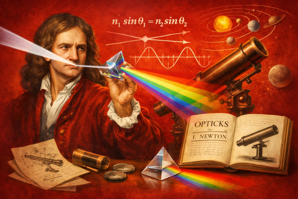 The Powerful Scientific Breakthrough Newton Light Spectrum Prism Discovery That Changed Optics Illustration of Isaac Newton performing the famous prism experiment demonstrating newton light spectrum prism discovery with colorful rays emerging from a glass prism on a red background. Scientific artwork showing Newton studying the dispersion of white light into rainbow colors during the historic newton light spectrum prism discovery experiment. Educational depiction of the prism experiment that proved white light contains multiple colors forming the visible spectrum. Visual representation of Newton observing light refraction through a triangular prism highlighting the principles behind newton light spectrum prism discovery. Conceptual physics illustration connecting Newton optics research with telescopes scientific notes and rainbow spectrum patterns. Historical science themed image explaining how newton light spectrum prism discovery laid the foundation of modern optics and color science.