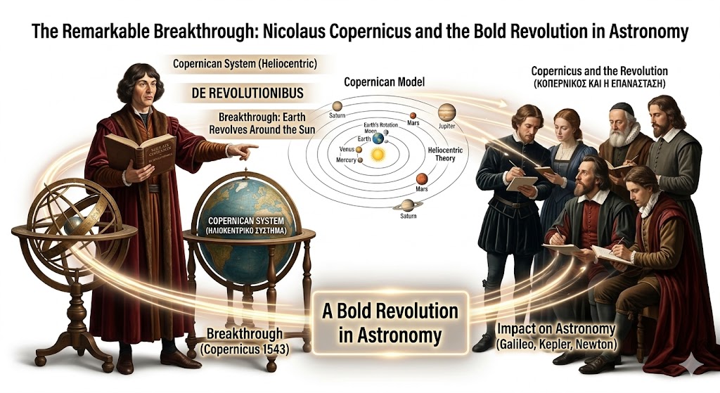 An educational infographic illustrating the breakthrough of Nicolaus Copernicus and his heliocentric theory, with the title "The Remarkable Breakthrough: Nicolaus Copernicus and the Bold Revolution in Astronomy" at the top. The image features a portrait of Copernicus with tools and diagrams, a detailed model of the heliocentric solar system, and an influential group of later scientists like Galileo, Kepler, and Newton.