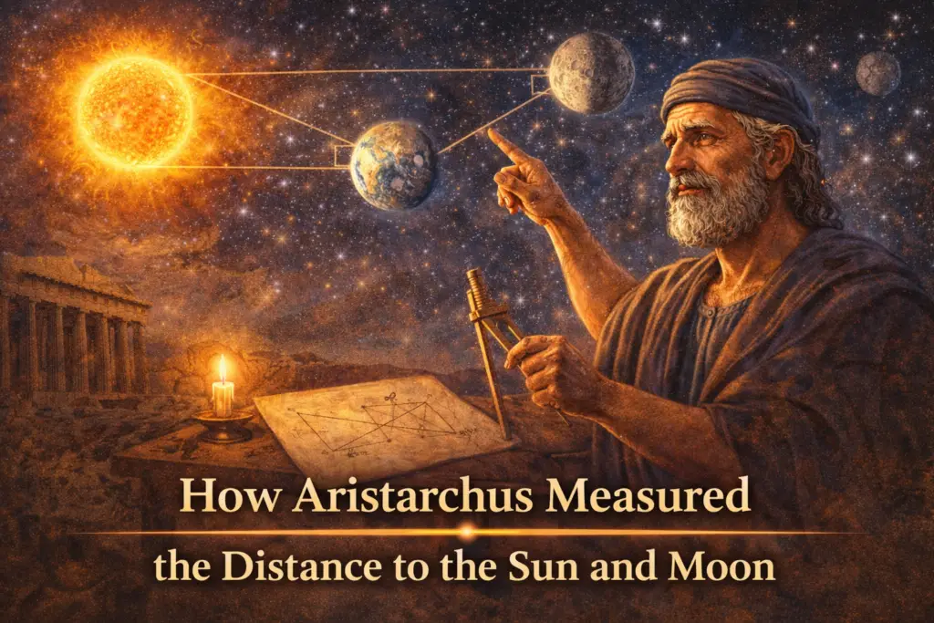 Illustration of Aristarchus of Samos demonstrating how he measured the distance to the Sun and Moon, showing a geometric triangle between the Sun, Earth, and Moon, with the scholar holding a measuring instrument under a starry sky and an ancient Greek temple in the background.