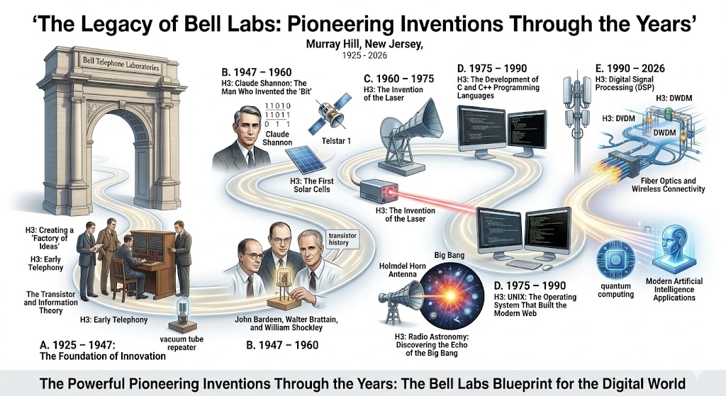 An educational infographic tracing the pioneering inventions through the years at Bell Labs from 1925 to 2026. The visual features key milestones like the transistor history, Claude Shannon’s information theory, the Holmdel Horn Antenna's discovery of the Big Bang, and the development of UNIX and C++. It concludes with modern advancements in fiber optics, quantum computing, and modern artificial intelligence applications against a clean white background.