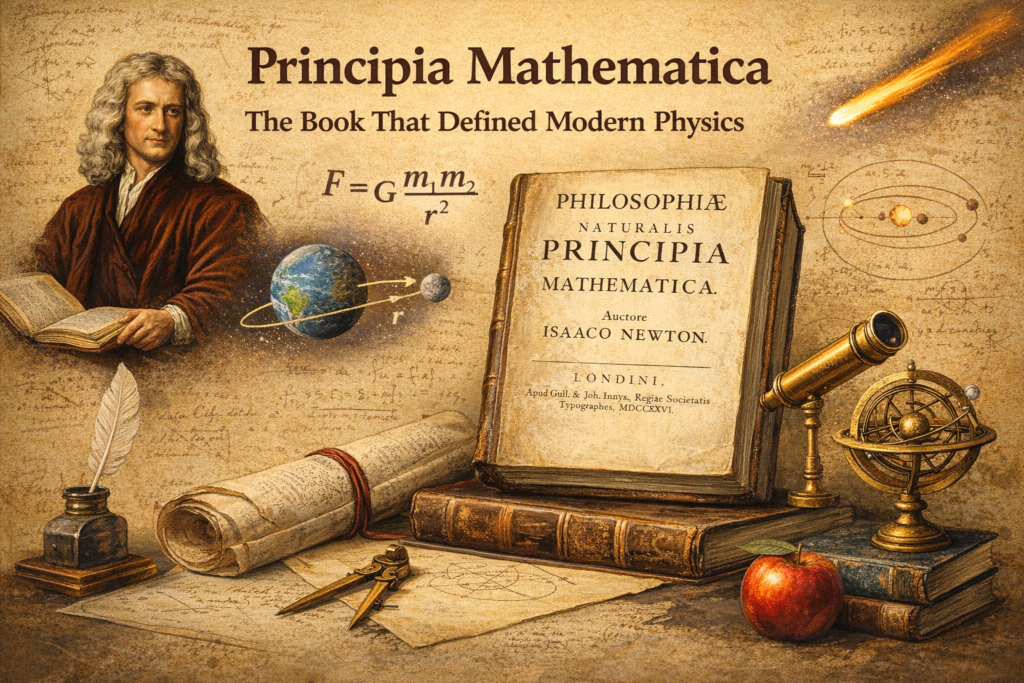 Illustration of Isaac Newton presenting the famous principia mathematica book with scientific instruments, equations, and planetary diagrams on a yellow background. Educational artwork showing Newton’s groundbreaking work in the principia mathematica book that explained gravity and motion through mathematics. Visual depiction of the historic scientific publication where Newton described universal gravitation and classical mechanics. Conceptual image highlighting the principia mathematica book alongside telescopes, celestial charts, and mathematical notes. Historical scene representing how the principia mathematica book transformed astronomy and physics during the scientific revolution. Scientific illustration symbolizing Newton’s masterpiece that defined the mathematical laws governing motion and the universe.