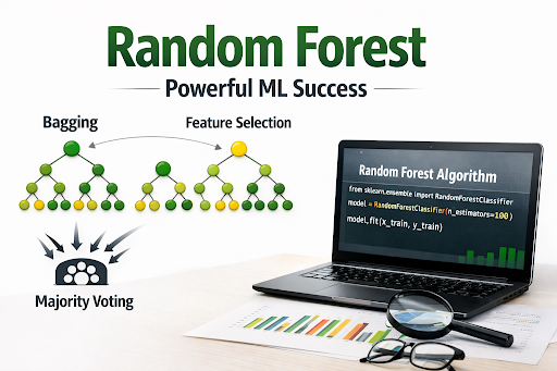 Random forest algorithm illustration showing multiple decision trees with bagging, feature selection, and majority voting alongside Python implementation for machine learning.