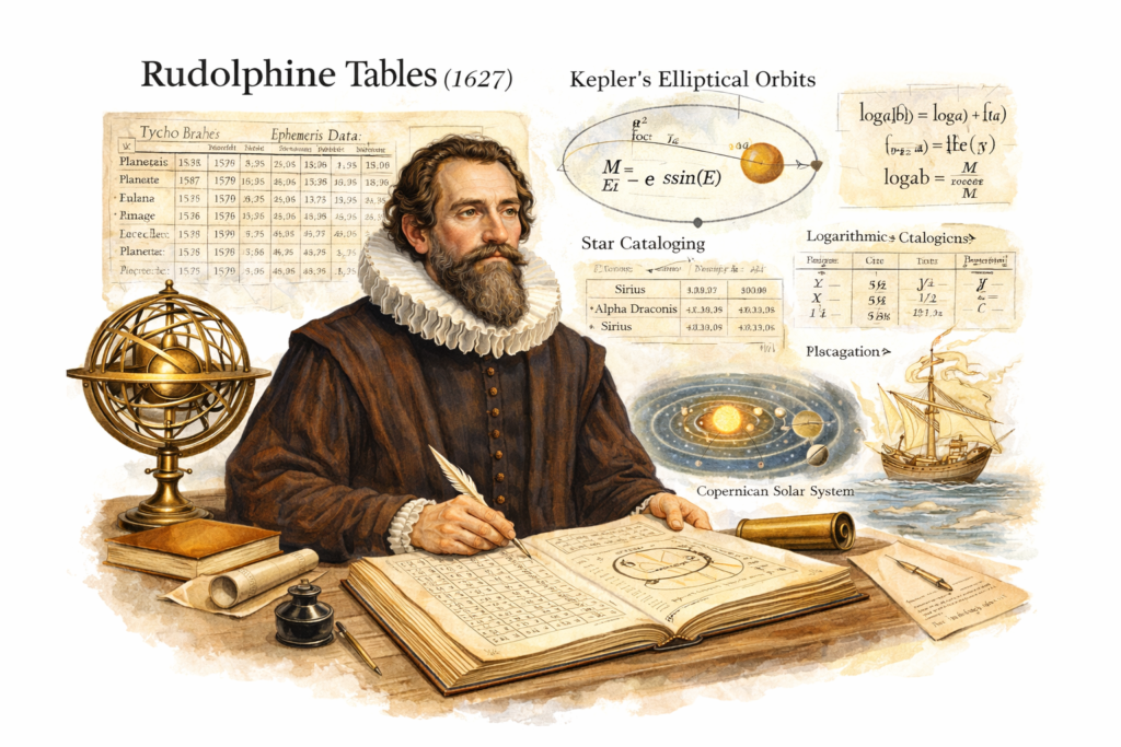 The Brilliant Revolution: Rudolphine Tables and Kepler’s Powerful Breakthrough in Planetary Calculations Illustration of Johannes Kepler studying astronomical charts and planetary calculations while working on the Rudolphine Tables. Educational depiction showing how rudolphine tables kepler improved planetary position prediction using Tycho Brahe’s observational data. Scientific artwork featuring star cataloging, logarithmic calculations, and elliptical orbit diagrams from Tabulae Rudolphinae. Visual representation of 17th-century astronomy and the revolutionary planetary calculation methods developed by Kepler. Historical image highlighting the impact of Rudolphine Tables on navigation and astronomical research.