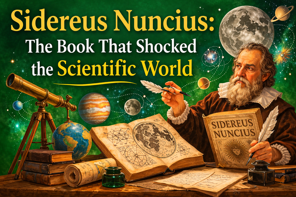 Illustration of Galileo Galilei presenting his famous work while observing the sky with a telescope against a green background. Historical artwork representing the publication of the sidereus nuncius book that revealed revolutionary telescope discoveries in 1610. Visual depiction of Galileo studying the Moon, Jupiter, and stars as described in the sidereus nuncius book. Educational scene showing early telescopic astronomy, celestial sketches, and the Starry Messenger publication. Scientific illustration highlighting how the sidereus nuncius book transformed astronomy and challenged ancient views of the universe. Artwork symbolizing the beginning of observational astronomy and the scientific revolution inspired by Galileo’s discoveries.