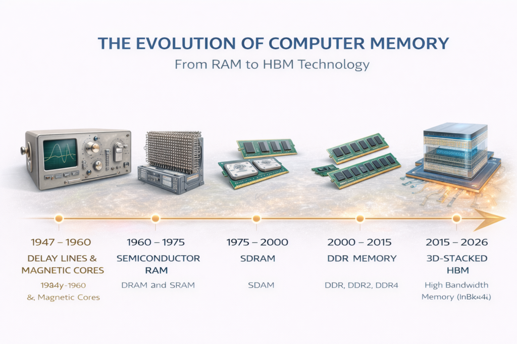 This infographic illustrates the evolution of computer memory, showing the transition from early delay lines and magnetic core memory to modern DDR RAM and high bandwidth memory (HBM). The visual timeline highlights key milestones in memory architecture from 1947 to 2026. It demonstrates how innovations in the evolution of computer memory improved bandwidth, latency, and computing performance in modern systems.