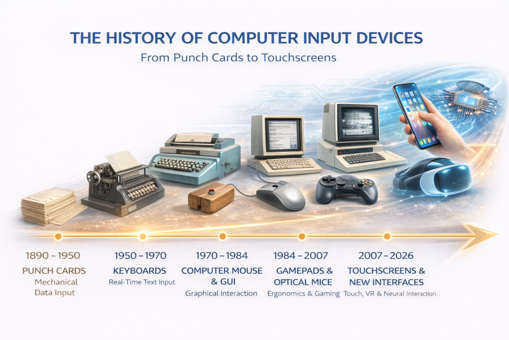 This infographic illustrates the history of computer input devices, showing the evolution from punch cards and early keyboards to modern touchscreens and VR interfaces. The timeline highlights key milestones such as the computer mouse, optical mice, game controllers, and smartphone touch technology. It visually represents how the history of computer input devices transformed human-computer interaction from mechanical input to intuitive digital interfaces.