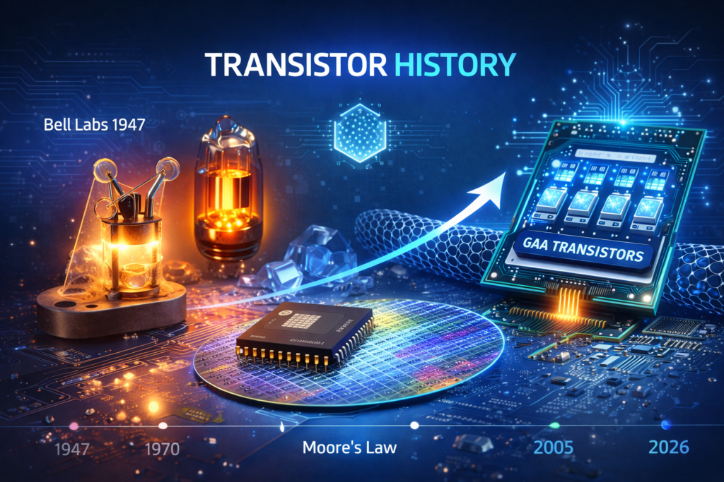 Illustration showing the transistor history from the first transistor invention at Bell Labs in 1947 to modern nanoscale semiconductor technology. The image highlights the evolution from vacuum tube electronics to integrated circuits and advanced GAA transistors. It visually represents key milestones in transistor history, including Moore’s Law and the development of modern semiconductor chips.