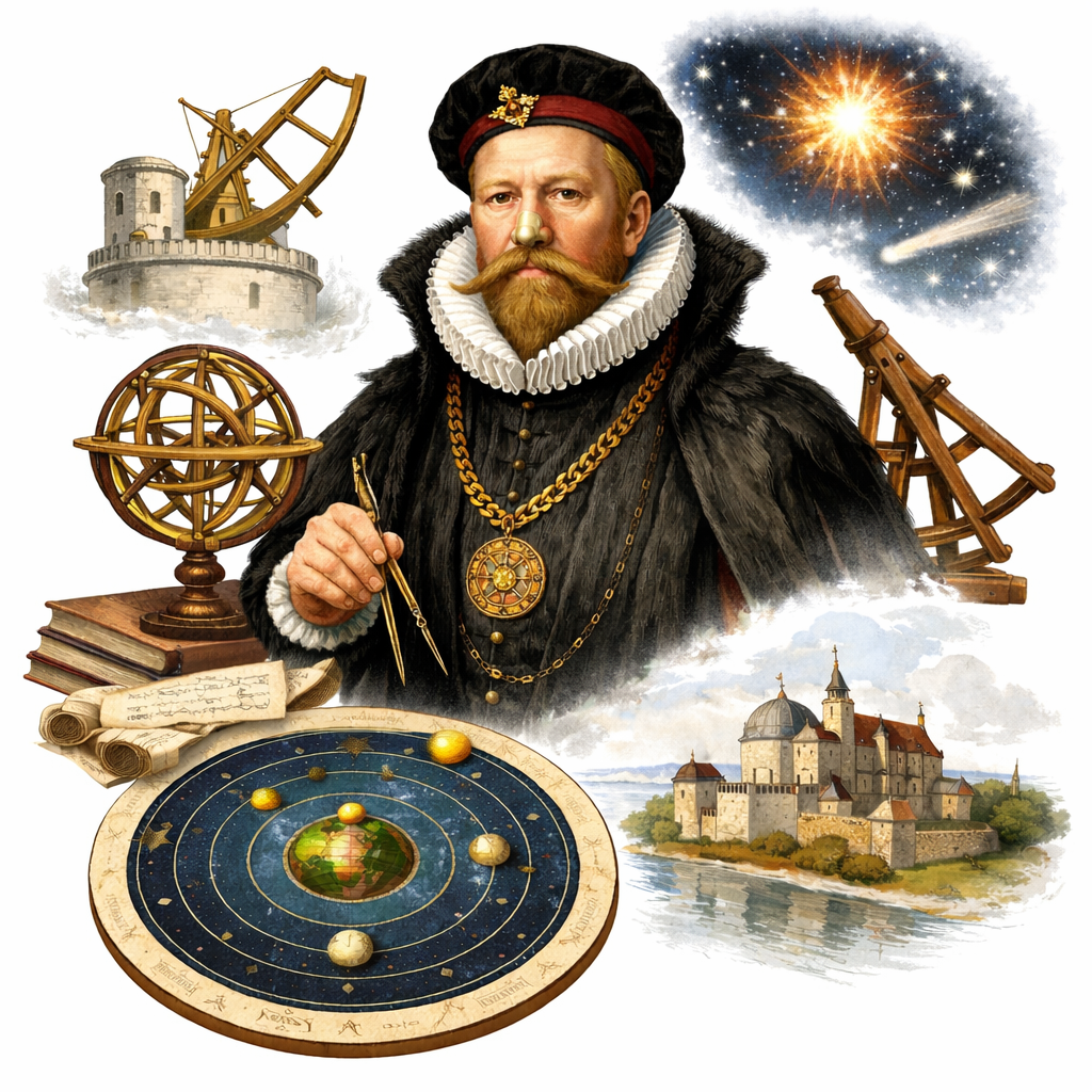 Illustration of Tycho Brahe surrounded by early astronomical instruments, star charts, and an observatory on a white background. The image highlights key elements of tycho brahe astronomical discoveries, including celestial observations, planetary models, and historic measuring tools. A bright supernova and comet symbolize his groundbreaking contributions to astronomy. Vintage scientific instruments and a castle observatory represent the era of Renaissance astronomy.