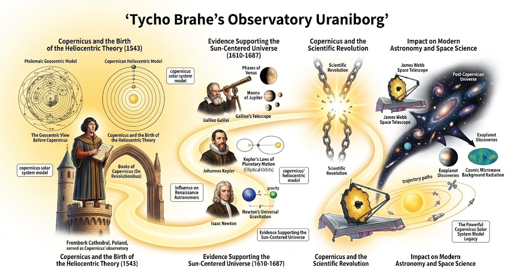 The Grand Tycho Brahe’s Observatory Uraniborg: A Powerhouse of Renaissance Science An infographic illustrating the powerful tycho brahe’s observatory uraniborg legacy and its role in the Scientific Revolution. The visual displays Tycho Brahe at his Renaissance observatory on Hven, alongside diagrams of his massive pre-telescope instruments like the Mural Quadrant. It traces how this dedicated research center generated the precise data that fueled the Copernican revolution and led to the modern solar system models used today.