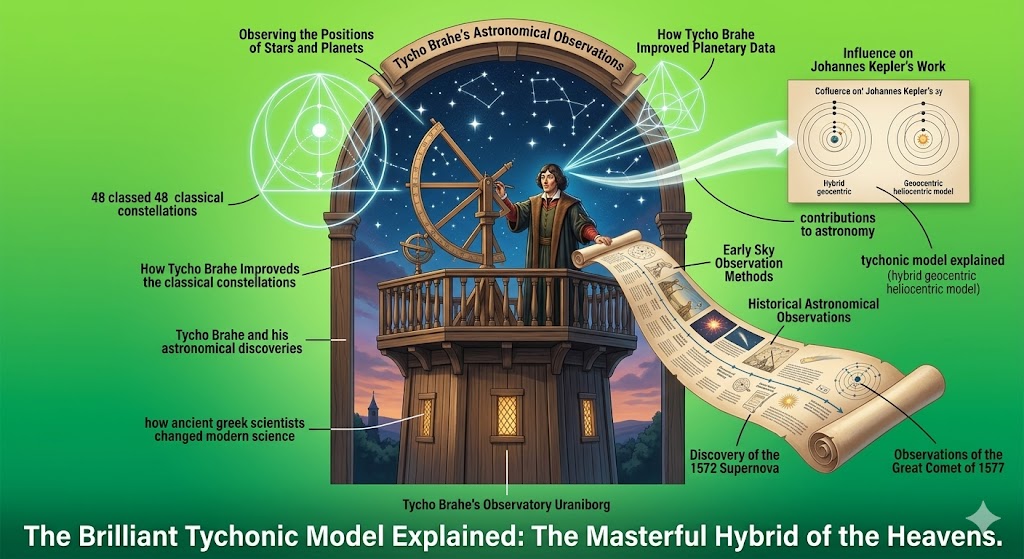 A detailed infographic providing the tychonic model explained through the work of Tycho Brahe. The visual displays Tycho at his observatory, Uraniborg, with scrolls highlighting the 1572 supernova and the great comet of 1577. It illustrates the hybrid geocentric heliocentric model where planets orbit the Sun while the Sun orbits a stationary Earth, showcasing how his precision data influenced Johannes Kepler and modern astronomy.