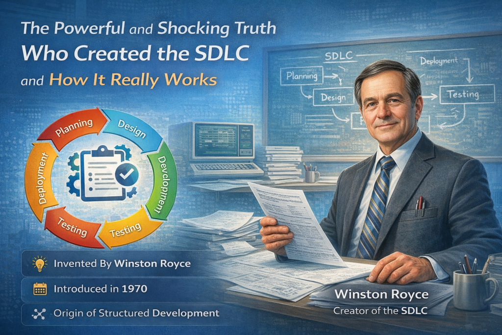 Infographic explaining who created the sdlc, featuring Winston Royce, the pioneer of structured software development. The image shows a visual SDLC cycle including planning, design, development, testing, and deployment stages. A blue background highlights the inventor alongside diagrams that represent the software development lifecycle process. It illustrates how SDLC introduced organized methods for building reliable software systems. The visual represents the origin and evolution of SDLC as a foundation of modern software engineering practices.