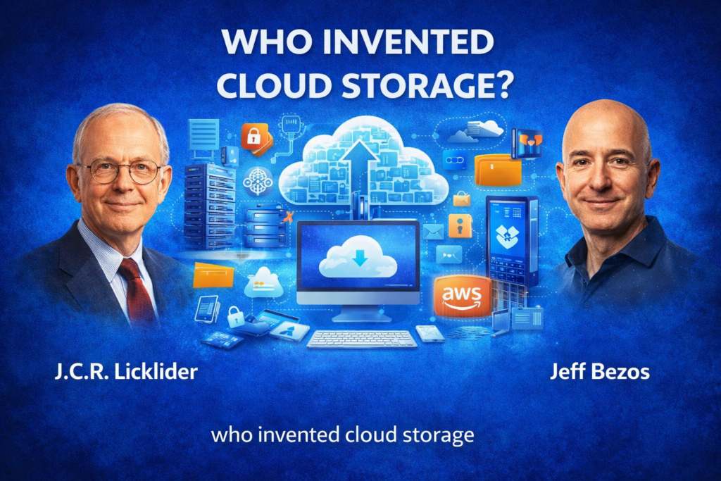 Infographic explaining who invented cloud storage, featuring J. C. R. Licklider and Jeff Bezos on a blue background. The image highlights cloud servers, data centers, and object storage systems connected through digital networks. Visual elements include cloud icons, secure data transfer, and modern storage platforms like AWS. It illustrates how cloud storage evolved from early network concepts to scalable global infrastructure. The design emphasizes the importance of cloud storage in modern data management and digital technology.