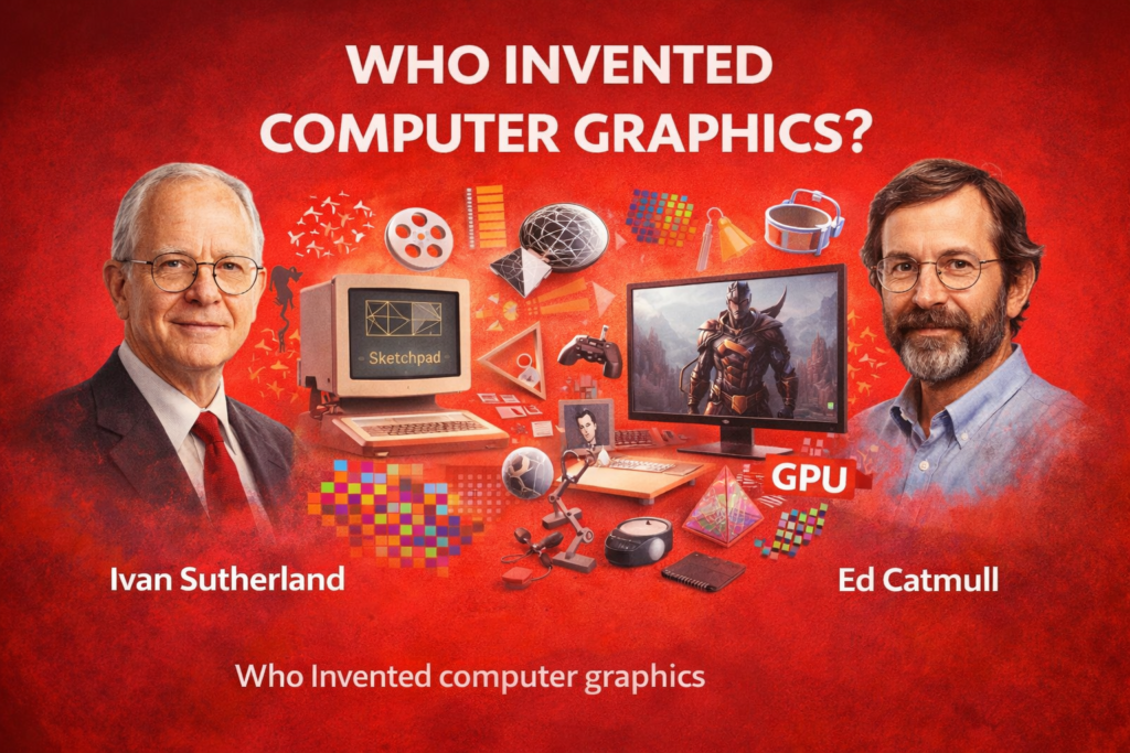 Infographic explaining who invented computer graphics, featuring Ivan Sutherland and Ed Catmull on a bold red background. The image highlights early systems like Sketchpad alongside modern 3D rendering and GPU powered graphics. Visual elements include pixels, polygons, and animation icons representing the evolution of digital graphics. It illustrates the transition from simple computer drawings to advanced visual computing technologies. The design emphasizes how computer graphics transformed gaming, animation, and digital design industries.