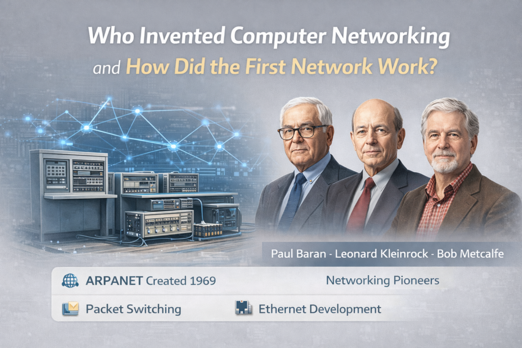 The Powerful Secret Who Invented Computer Networking and How the First Network Worked Infographic explaining who invented computer networking, featuring pioneers Paul Baran, Leonard Kleinrock, and Bob Metcalfe. The image shows early networking hardware connected through ARPANET, the first operational computer network created in 1969. Visual elements highlight packet switching technology and the development of Ethernet that enabled computers to communicate. The grey background emphasizes the inventors and the first networking machines that started global digital communication. It illustrates how the invention of computer networking led to modern internet infrastructure and connected computing systems worldwide.