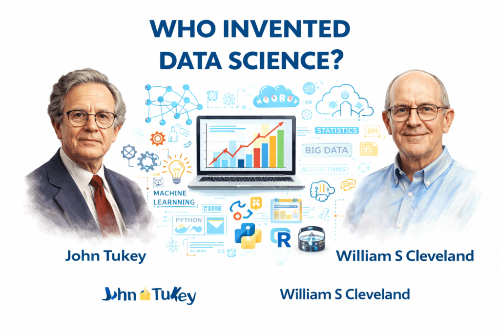 Infographic explaining who invented data science, featuring John Tukey and William S Cleveland on a clean white background. The image highlights key concepts such as data analysis, machine learning, and statistical computing. Visual elements include charts, algorithms, and programming tools representing modern data science workflows. It illustrates how data science evolved from statistics into a powerful field for extracting insights. The design emphasizes the origin and impact of data science on modern technology and decision making.