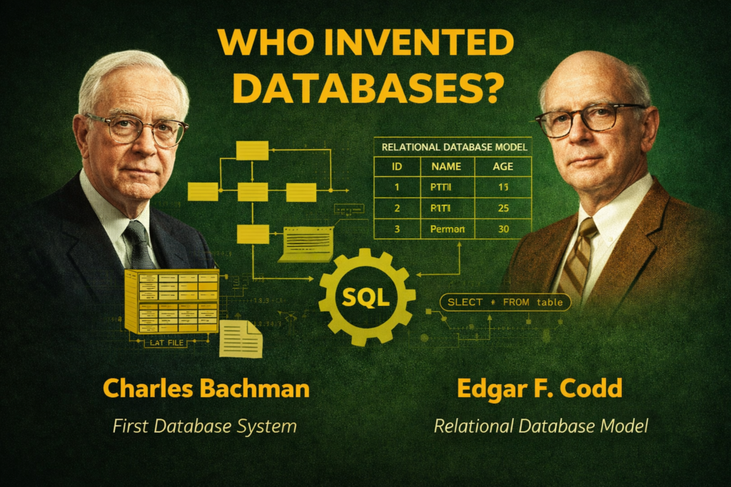 Infographic explaining who invented databases, featuring Charles Bachman and Edgar F. Codd on a green background. The image highlights early database systems like hierarchical models and the relational database model. Visual elements include tables, SQL symbols, and structured data diagrams representing modern database systems. It shows how early database innovations evolved into powerful data management technologies. The design emphasizes the origin of databases and their impact on modern computing and data storage systems.
