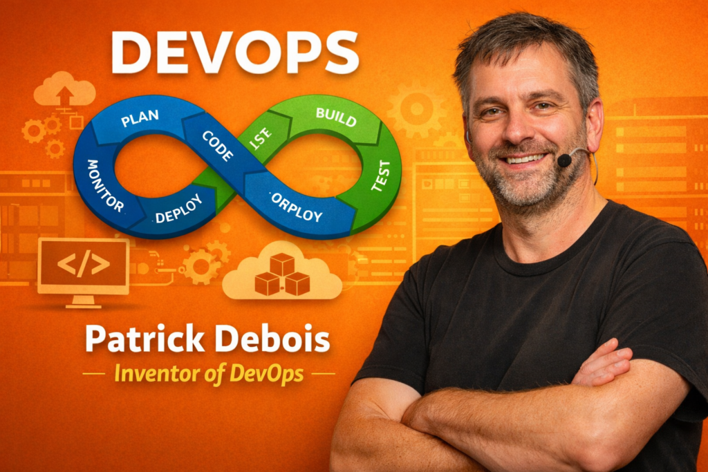 Infographic explaining who invented devops, featuring Patrick Debois, the pioneer of the DevOps movement, on an orange background. The image highlights the DevOps lifecycle including planning, coding, testing, deployment, and monitoring stages. Visual elements such as the infinity loop represent continuous integration and continuous delivery processes. The design showcases how DevOps connects development and operations to improve software delivery. It illustrates the transformation of software development through automation, collaboration, and modern DevOps practices.