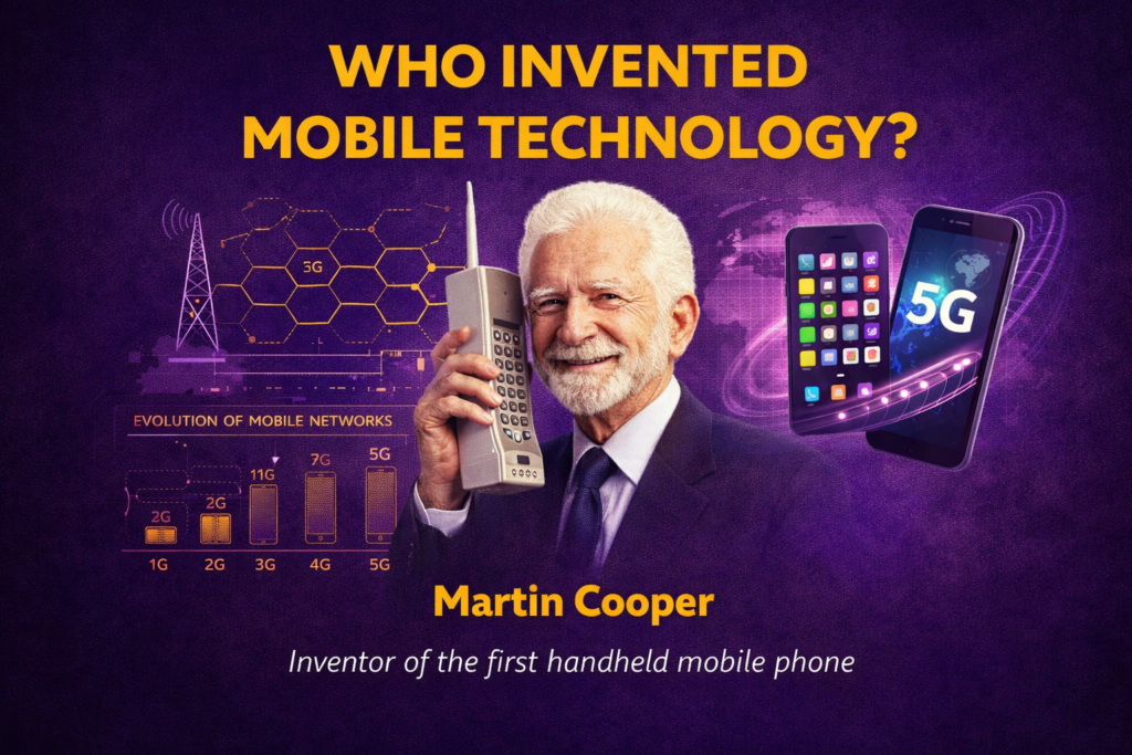 Infographic explaining who invented mobile technology, featuring Martin Cooper holding the first handheld mobile phone against a vibrant purple background. The image highlights the evolution of mobile networks from 1G to 5G with visual charts and modern smartphones. Design elements include wireless signals, base stations, and global connectivity icons. It illustrates the journey from early cellular communication to advanced mobile technology systems. The visual emphasizes how mobile technology transformed communication and digital connectivity worldwide.