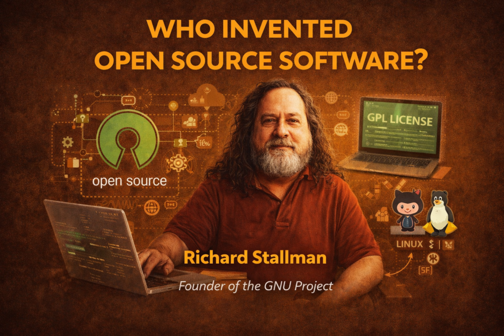 The Powerful and Inspiring Truth Who Invented Open Source Software and How It Started Infographic explaining who invented open source software, featuring Richard Stallman on a brown background. The image highlights the GNU Project, GPL license, and collaborative coding concepts. Visual elements include open source icons, Linux symbols, and development workflows. It illustrates how open source software began and enabled global collaboration among developers. The design emphasizes the origin and impact of open source software on modern technology and innovation.