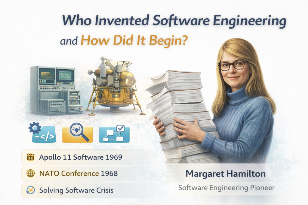 The Powerful and Inspiring Truth Who Invented Software Engineering and How It Began Infographic illustrating who invented software engineering, featuring Margaret Hamilton holding stacks of Apollo Guidance Computer code. The image highlights key milestones such as the 1968 NATO Software Engineering Conference and the Apollo 11 software development. Visual elements include early computers, coding symbols, and engineering workflows that represent structured software development. The white background emphasizes the inventor and the origins of software engineering as a disciplined field. It shows how early software practices evolved into modern software engineering used in today’s digital world.