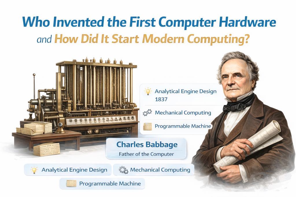 The Powerful Truth Who Invented the First Computer Hardware and How It Started Modern Computing Educational infographic illustrating who invented the first computer hardware, featuring Charles Babbage, the pioneer of early computing machines. The image shows the inventor alongside a conceptual design of the Analytical Engine, considered the foundation of modern computer hardware. It visually explains how early mechanical computing ideas evolved into modern processors and digital systems. The clean white background highlights the historical significance of the first computer hardware invention and its role in starting modern computing technology.