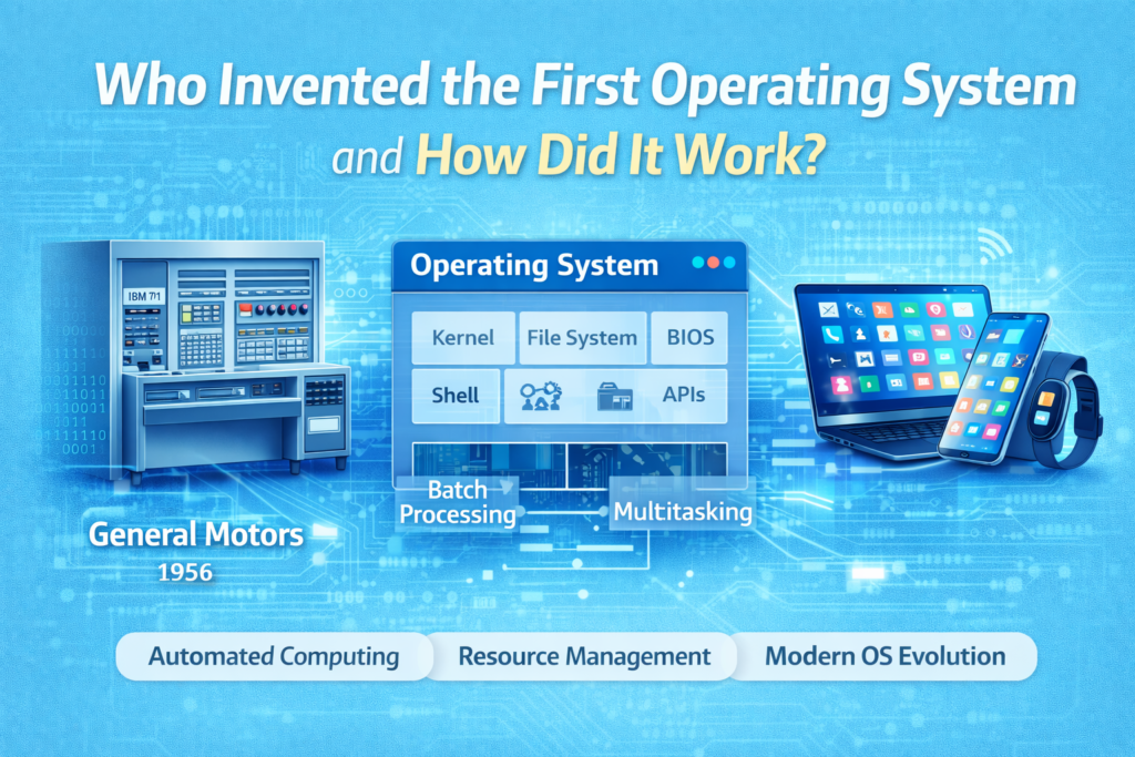 Infographic explaining who invented the first operating system and how it worked in early computers. The image shows the General Motors operating system developed in 1956 for the IBM 701 alongside modern devices that use advanced operating systems. It highlights key components such as kernel, file system, BIOS, shell, and APIs that manage computer resources. The visual demonstrates the evolution from batch processing systems to modern multitasking operating systems used in laptops, smartphones, and smart devices today.