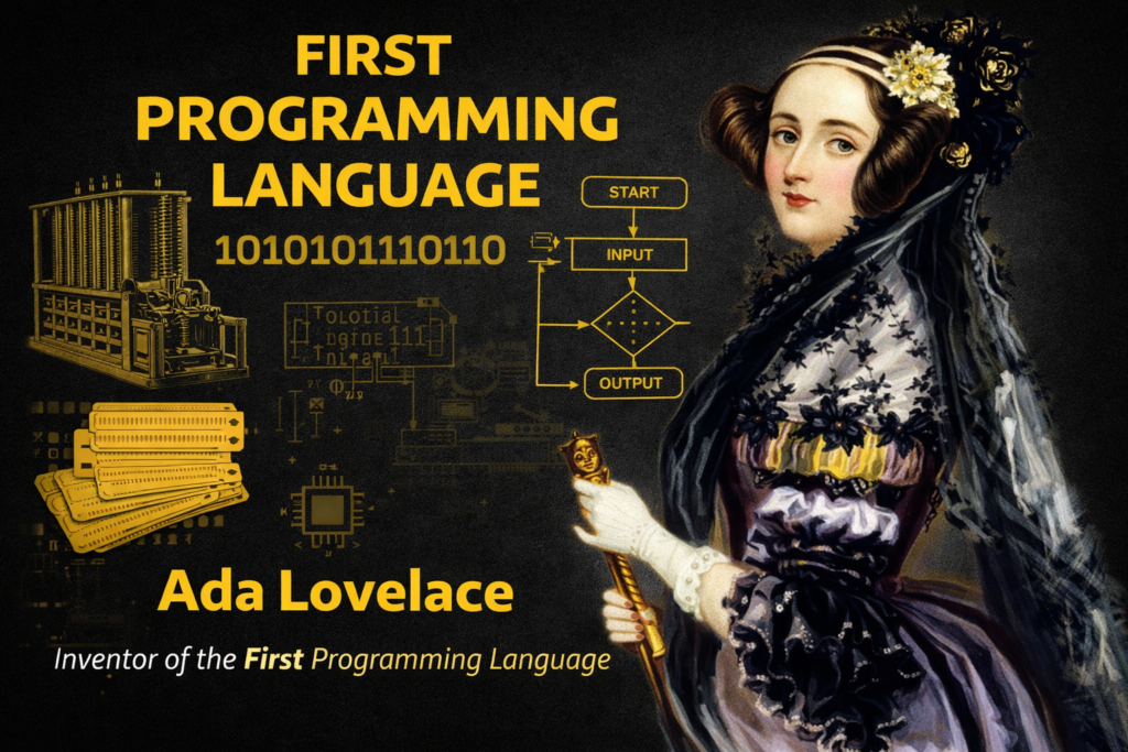 Infographic explaining who invented the first programming language, featuring Ada Lovelace on a dark black background. The image highlights early computing concepts such as binary code, punch cards, and the Analytical Engine. Visual elements show flowcharts and algorithms representing the first programming logic created for machines. The design emphasizes the origin of programming and how early instructions evolved into modern coding systems. It illustrates the historical significance of Ada Lovelace in the development of programming languages.