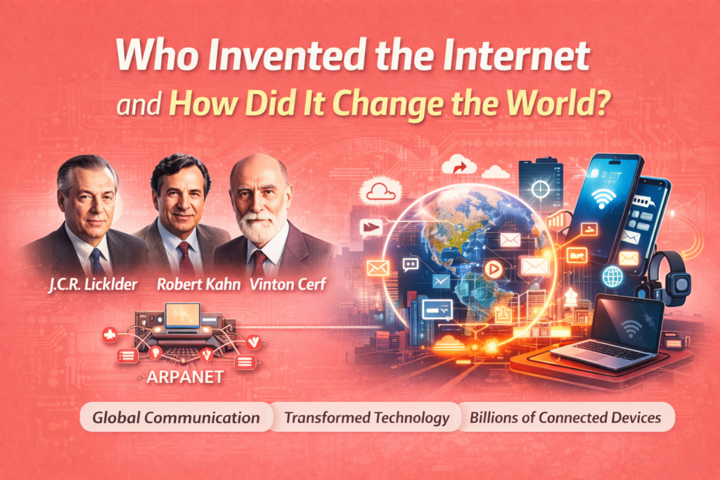 Infographic showing who invented the internet and how it transformed global communication and technology. The image features pioneers J. C. R. Licklider, Robert Kahn, and Vinton Cerf alongside ARPANET, the first computer network. A connected globe and digital devices illustrate the rapid growth of global connectivity and online communication. The visual explains the origin of the internet and highlights how it changed society, technology, and digital communication worldwide.