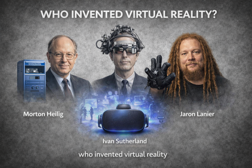 Infographic explaining who invented virtual reality, featuring Morton Heilig, Ivan Sutherland, and Jaron Lanier on a grey background. The image highlights early VR devices like Sensorama and head mounted displays alongside a modern VR headset. Visual elements include immersive environments, motion tracking, and virtual simulations. It illustrates the evolution of virtual reality from early experiments to advanced digital experiences. The design emphasizes the impact of virtual reality on gaming, training, and immersive technology.