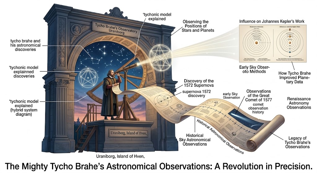 An educational infographic illustrating tycho brahe’s astronomical observations and his monumental impact on planetary science. The visual depicts Tycho at his observatory, Uraniborg, alongside diagrams explaining the Tychonic model, the 1572 supernova, and the great comet of 1577. It highlights his role in improving planetary data, which directly influenced Johannes Kepler’s discovery of elliptical orbits and the transition from ancient Greek theories to modern astronomy.