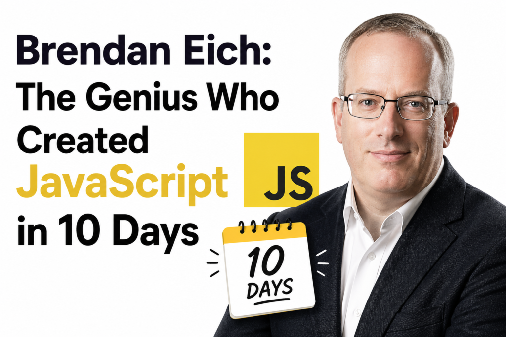 Brendan Eich portrait on a clean white background, highlighting the creator of JavaScript in a modern design. This image represents Brendan Eich as the genius who developed JavaScript in just 10 days. Bold typography and minimal layout emphasize the innovation behind Brendan Eich’s work. A professional and high-quality graphic suitable for tech and programming articles. The design visually connects Brendan Eich with the JavaScript (JS) concept and timeline. Perfect featured image showcasing Brendan Eich’s contribution to modern web development.
