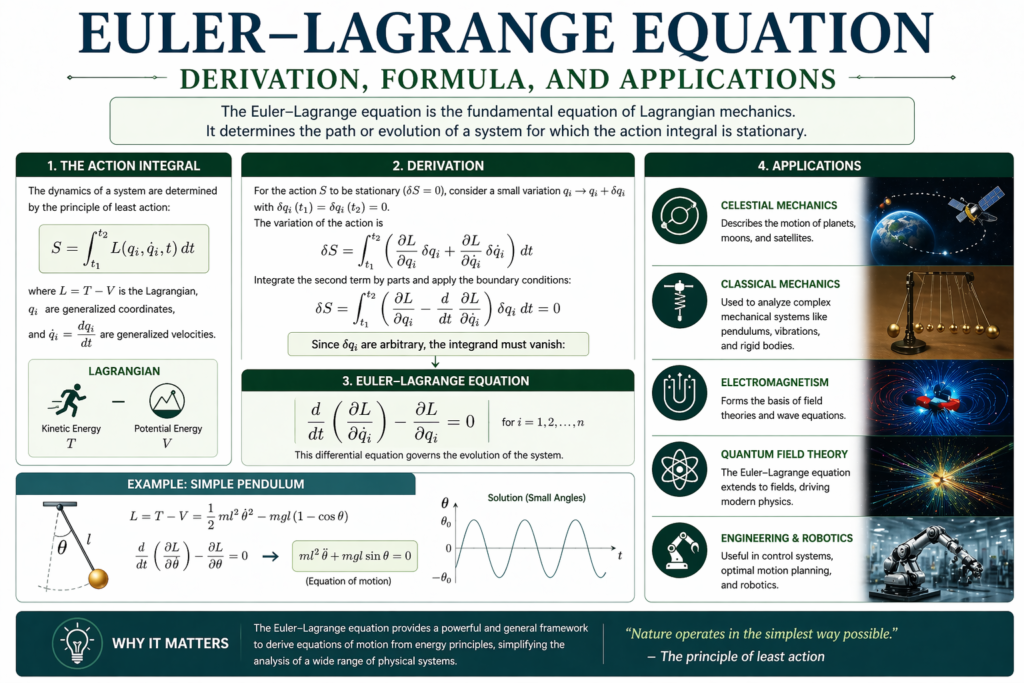Euler–Lagrange equation infographic showing derivation and core mathematical formula Detailed visual explaining the euler–lagrange equation in classical mechanics Educational diagram illustrating how the euler–lagrange equation is used in physics Clean design highlighting steps involved in the euler–lagrange equation derivation Modern graphic presenting applications of the euler–lagrange equation in real life High-quality image representing the importance of the euler–lagrange equation