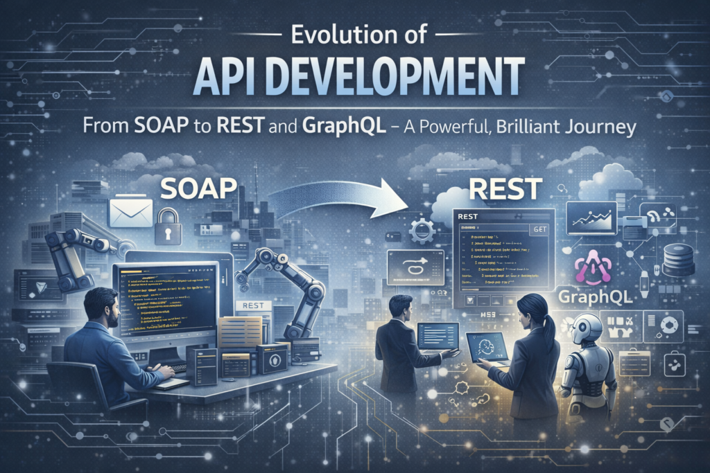 Evolution of API Development: From SOAP to REST and GraphQL A Powerful Brilliant Journey Evolution of API development illustrates the transition from traditional SOAP-based services to modern REST and GraphQL architectures. The image shows developers moving from structured XML-based communication to lightweight JSON and flexible query systems. Visual elements such as code screens, API endpoints, and data flow diagrams highlight this technological progression. Professionals are depicted working with scalable, efficient, and real-time data exchange systems. The grey background emphasizes a sleek, modern, and professional tech environment. Overall, evolution of API development reflects the shift toward faster, more flexible, and developer-friendly integration approaches.