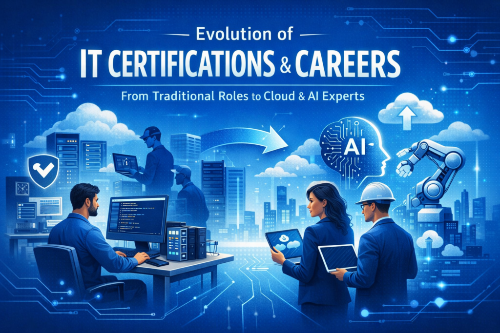 Evolution of IT certifications highlights the shift from traditional IT roles like system administration to modern cloud and AI-focused careers. The image shows a progression from legacy infrastructure and on-premise systems to advanced cloud computing environments. Professionals are depicted transitioning from manual setups to using automation, AI tools, and smart technologies. Visual elements such as servers, cloud icons, and AI graphics emphasize this transformation. The blue tech-themed background reinforces innovation, growth, and digital evolution. Overall, the evolution of IT certifications reflects the industry’s move toward cloud expertise, data intelligence, and future-ready skills.