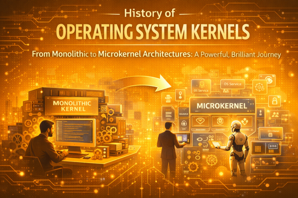 History of Operating System Kernels: From Monolithic to Microkernel Architectures A Powerful Brilliant Journey History of operating system kernels illustrates the transformation from monolithic kernel designs to modern microkernel architectures. The image shows a centralized system with tightly integrated components evolving into modular, distributed kernel structures. Developers are depicted transitioning from managing large, complex systems to working with flexible and secure microkernel environments. Visual elements like system blocks, gears, code interfaces, and modular panels highlight this architectural shift. The bright yellow background emphasizes innovation, clarity, and technological progress. Overall, history of operating system kernels reflects the move toward scalability, security, and efficient system design.