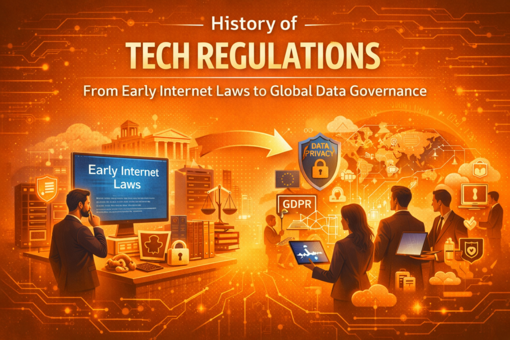 History of tech regulations illustrates the journey from early internet laws to modern global data governance frameworks. The image depicts traditional legal systems evolving into digital policies and international compliance standards. Visual elements like court buildings, law symbols, and old computers transition into cloud security and data privacy icons. Modern professionals are shown managing global regulations, including data protection and cybersecurity policies. The orange background highlights urgency, transformation, and the dynamic nature of digital lawmaking. Overall, history of tech regulations reflects the shift toward stricter global data governance and digital accountability.