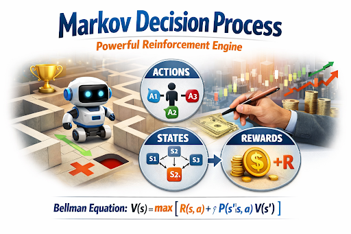 Markov decision process diagram showing states, actions, rewards, and the Bellman equation in a reinforcement learning visual on a clean white background.