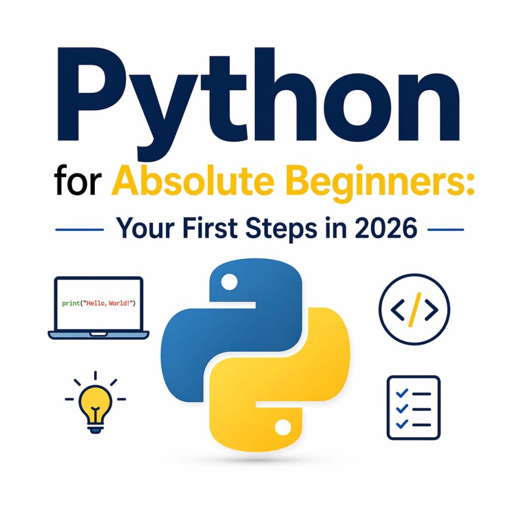 Python for absolute beginners concept shown in a clean white background design A modern illustration highlighting Python basics and beginner-friendly learning steps Visual elements include Python logo, simple coding icons, and “Hello World” example Perfect representation of python for absolute beginners starting in 2026 Minimal and clear layout ideal for tutorials, blogs, or educational content Focuses on easy entry into programming with python for absolute beginners