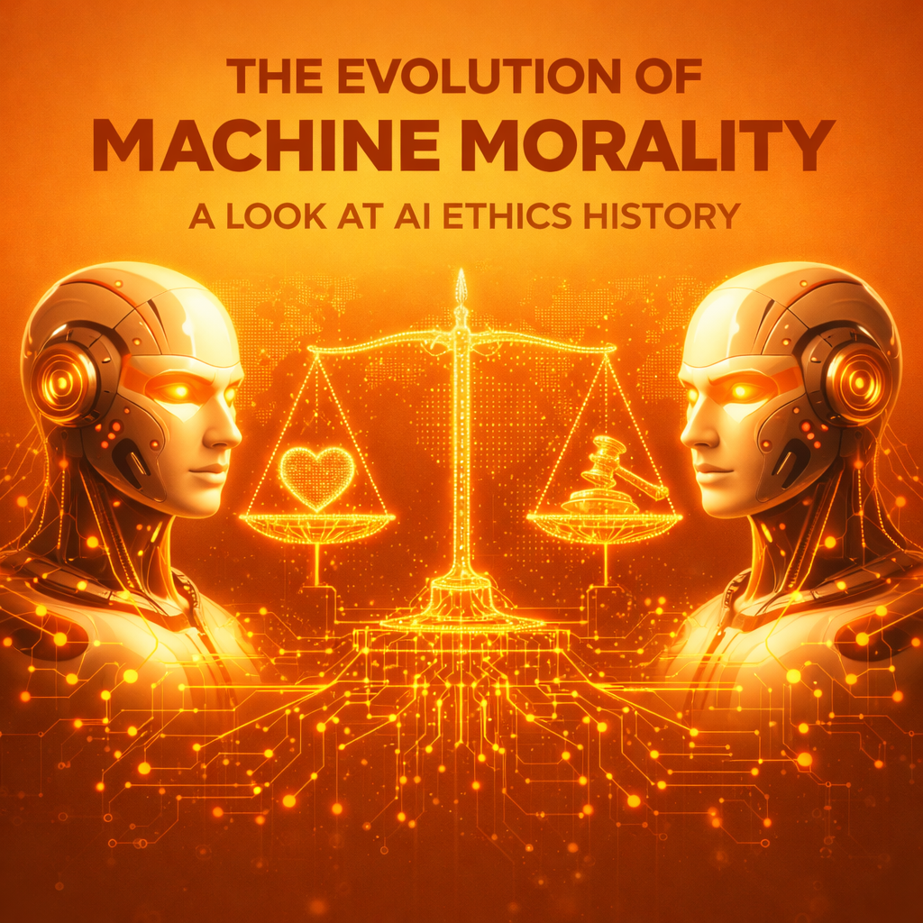 AI ethics history illustration showing the evolution of moral decision-making in artificial intelligence systems. Visual representation of AI ethics history with robotic figures and symbolic balance scales of justice. Concept image of AI ethics history highlighting fairness, accountability, and transparency in AI development. Futuristic depiction of AI ethics history with glowing circuits and human values integrated into machines. Abstract visualization of AI ethics history demonstrating the progression of ethical frameworks in technology. High-tech scene representing AI ethics history with balanced elements symbolizing law, morality, and AI.