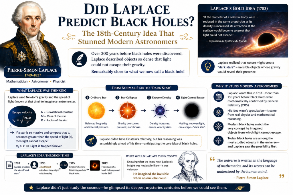 A detailed educational infographic exploring the idea of Laplace black hole prediction in the 18th century. The image features Pierre-Simon Laplace alongside visuals of a black hole and cosmic space elements. Sections explain how Laplace proposed “dark stars,” objects so dense that light could not escape. Diagrams illustrate the concept of gravity, escape velocity, and star collapse in Laplace black hole prediction. The design connects historical theory with modern black hole science in a clear visual way. Overall, the image presents Laplace black hole prediction as a fascinating bridge between early physics and modern astronomy.