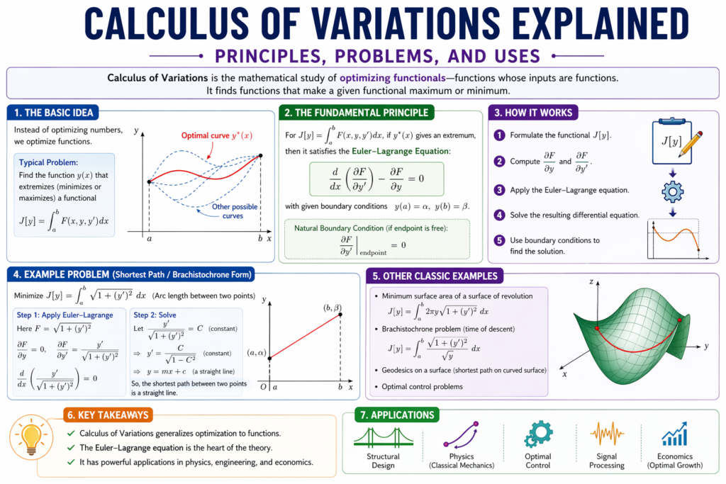 An educational infographic explaining calculus of variations with clearly structured sections and visual aids. The image introduces key principles of calculus of variations, including functionals and optimization concepts. It highlights the Euler–Lagrange equation as the core formula used in calculus of variations problems. Step-by-step examples demonstrate how calculus of variations is applied to find optimal solutions. Diagrams illustrate curves, shortest path problems, and geometric interpretations for better understanding. A summary section outlines applications of calculus of variations in physics, engineering, and economics.