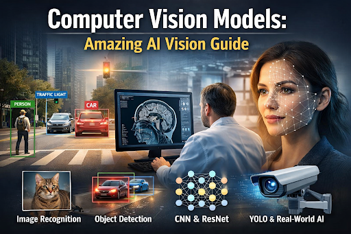 Computer vision models showing AI image recognition, object detection, CNN, ResNet, YOLO and real-world applications in healthcare, security, and autonomous driving