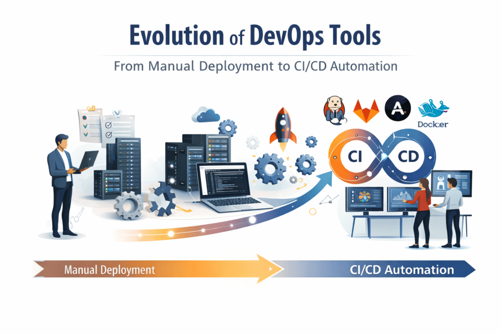 This image illustrates the devops tools evolution, highlighting the transition from manual deployment to automated CI/CD pipelines. It visually explains the devops tools evolution by showing how traditional processes have been replaced with continuous integration and delivery. The graphic captures key stages in devops tools evolution, including manual workflows, automation, and modern DevOps practices. A timeline-style layout emphasizes the progress in devops tools evolution toward faster and more efficient software delivery. The devops tools evolution is represented through icons of servers, code, and automation tools working together seamlessly. Overall, the image reflects the devops tools evolution into a streamlined, automated, and collaborative development ecosystem.